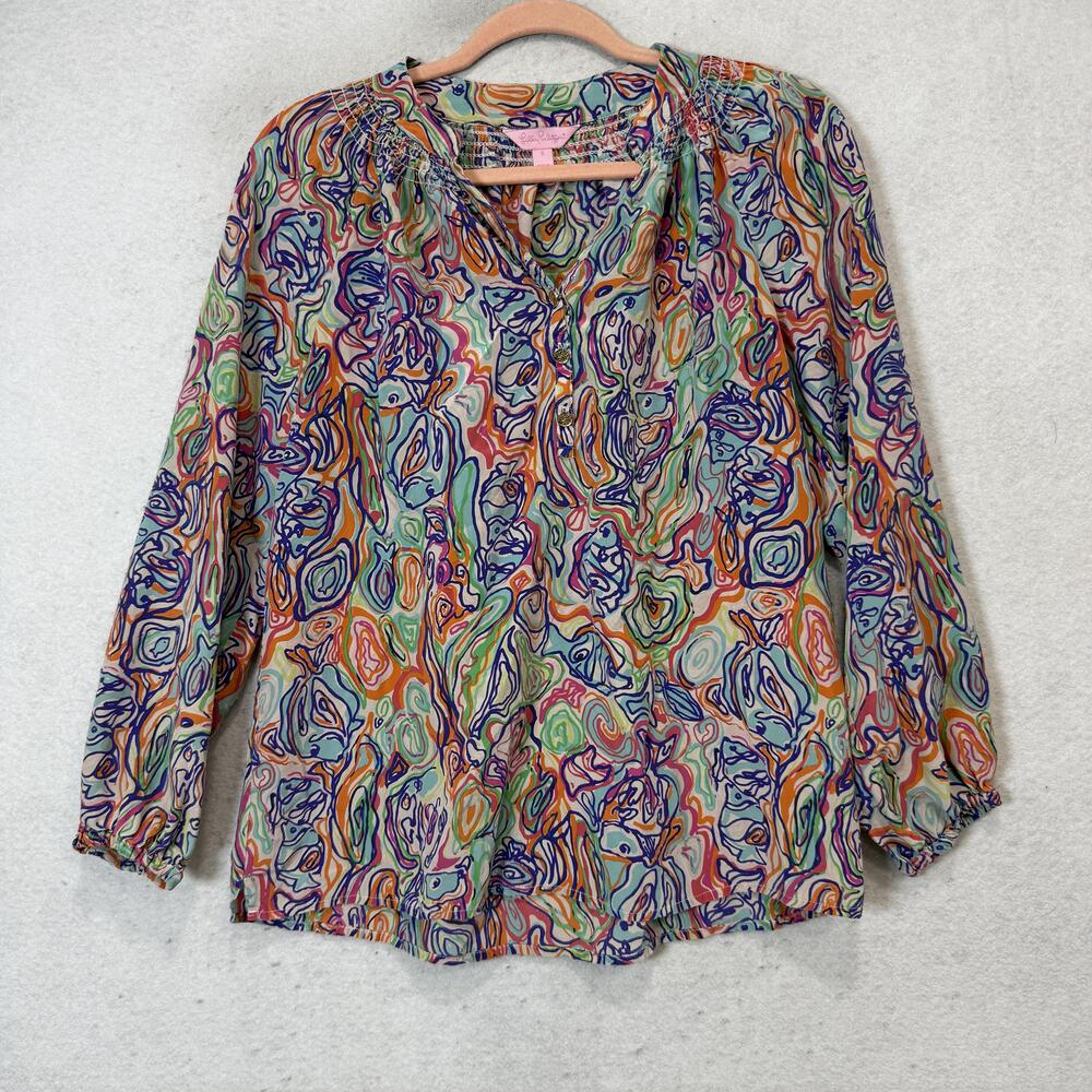 Lilly Pulitzer Blouse Womens Small Multicolor Silk V Neck Long Sleeve Tunic Top